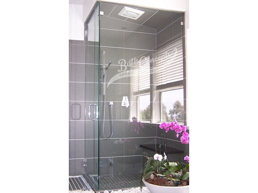 27 Frameless steam corner enclosure with an inline & return stationary panel CLEAR GLASS CHROME HARDWARE 1193 - 1293