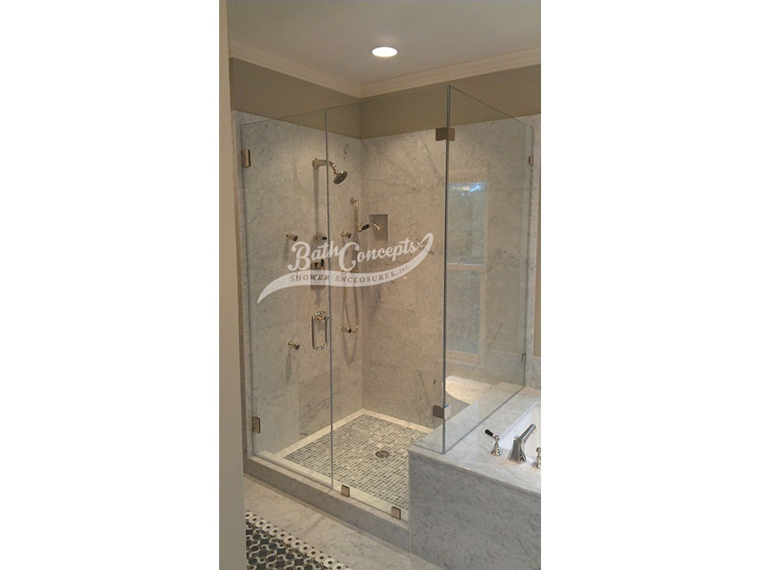 9 Frameless corner enclosure with an inline & return stationary panel CLEAR GLASS BRUSHED NICKEL HARDWARE 1193 - 1293