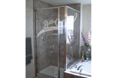 4 Semi-frameless corner enclsoure with a swinging door, an inline panel, a return panel and a drill  with a full structure frame CLEAR GLASS  SILVER HARDWARE 393