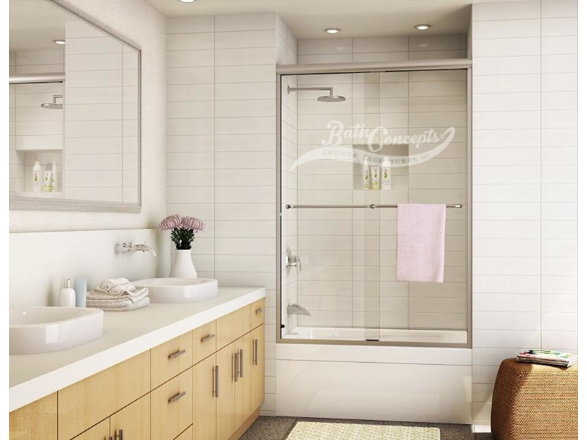 1 Frameless traditional sliding enclosure with 2 towel bars CLEAR GLASS BRUSHED NICKEL HARDWARE  340D - 350D - 1040 - 1050