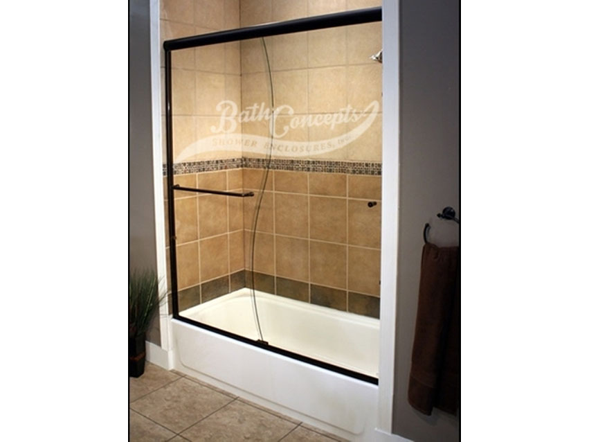 2 Frameless traditional sliding enclosure with S curve cut in glass and 1 towel bar 1 knob CLEAR GLASS OIL RUBBED BRONZE HARDWARE  340D - 350D - 1040 - 1050